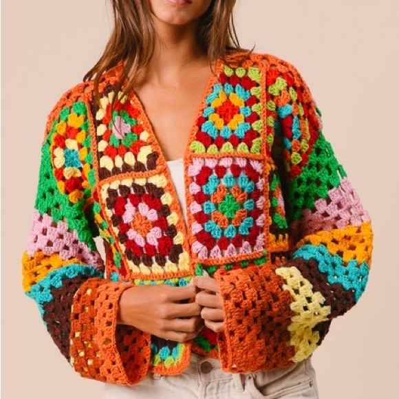 New Color! Bibi Handmade Vibrant Crochet Multicolor Cropped Cardigan Sweater - Picture 9 of 12